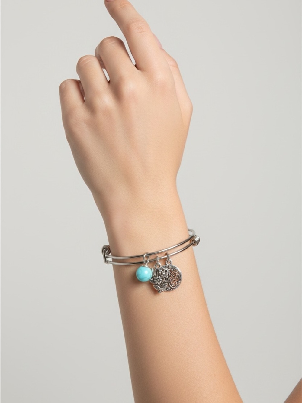9/18 Silver-Tone Charm Bangle Bracelet with Turquoise Bead
